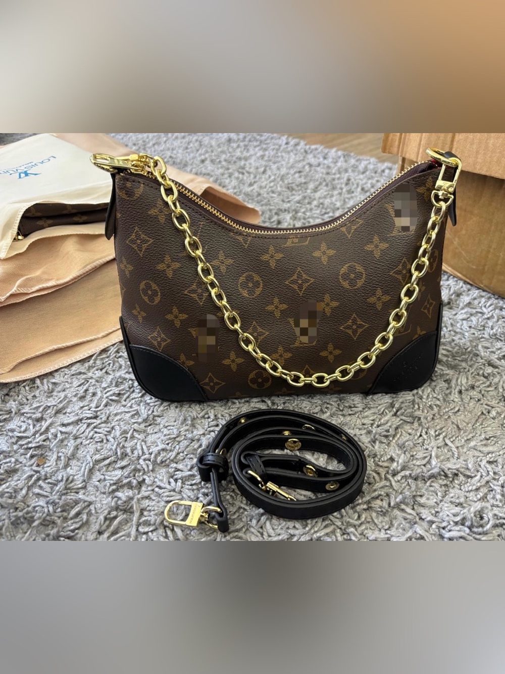 Monogram Pattern Brown Shoulder Bag with Gold Chain Accent